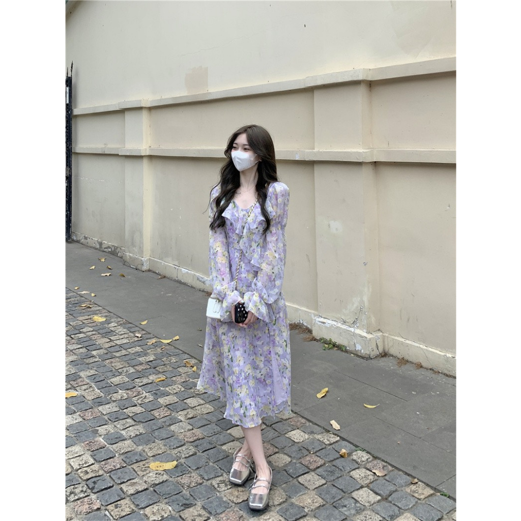 BLOOM - Đầm tím dáng tiểu thư tay dài hoạ tiết hoa bông nhỏ nhắn ngọt ngào