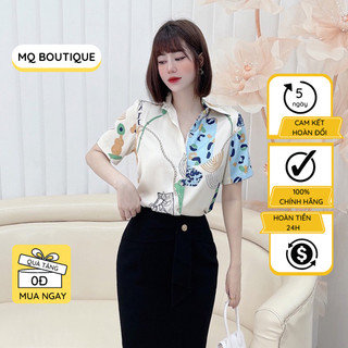 Áo sơ mi nữ lụa cộc tay cao cấp công sở họa tiết xích đốm xanh nền be, áo sơ mi thiết kế MQ Boutique