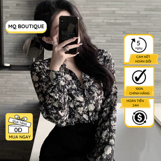 Áo sơ mi họa tiết nữ lụa dài tay cao cấp công sở họa tiết hoa trắng nền đen sáng trọng , áo sơ mi thiết kế MQ Boutique