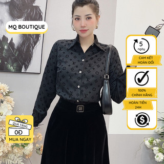 Áo sơ mi nữ phối nhung dài tay cao cấp công sở họa tiết chữ nhỏ d và lv nhung nền đen, áo sơ mi thiết kế MQ Boutique