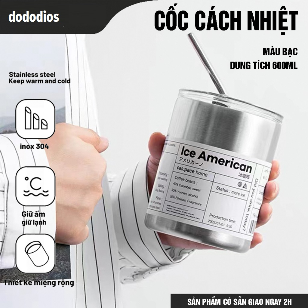 Bình đựng nước giữ nhiệt Iced Americano có ống hút dung tích 600ml, Ly cốc giữ nhiệt cute uống cà phê dùng văn phòng