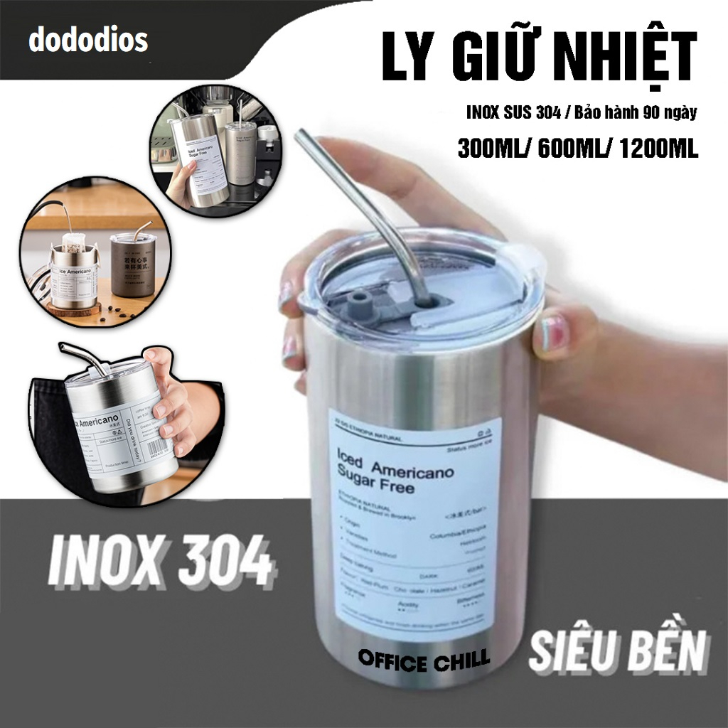 Bình đựng nước giữ nhiệt Iced Americano có ống hút dung tích 600ml, Ly cốc giữ nhiệt cute uống cà phê dùng văn phòng