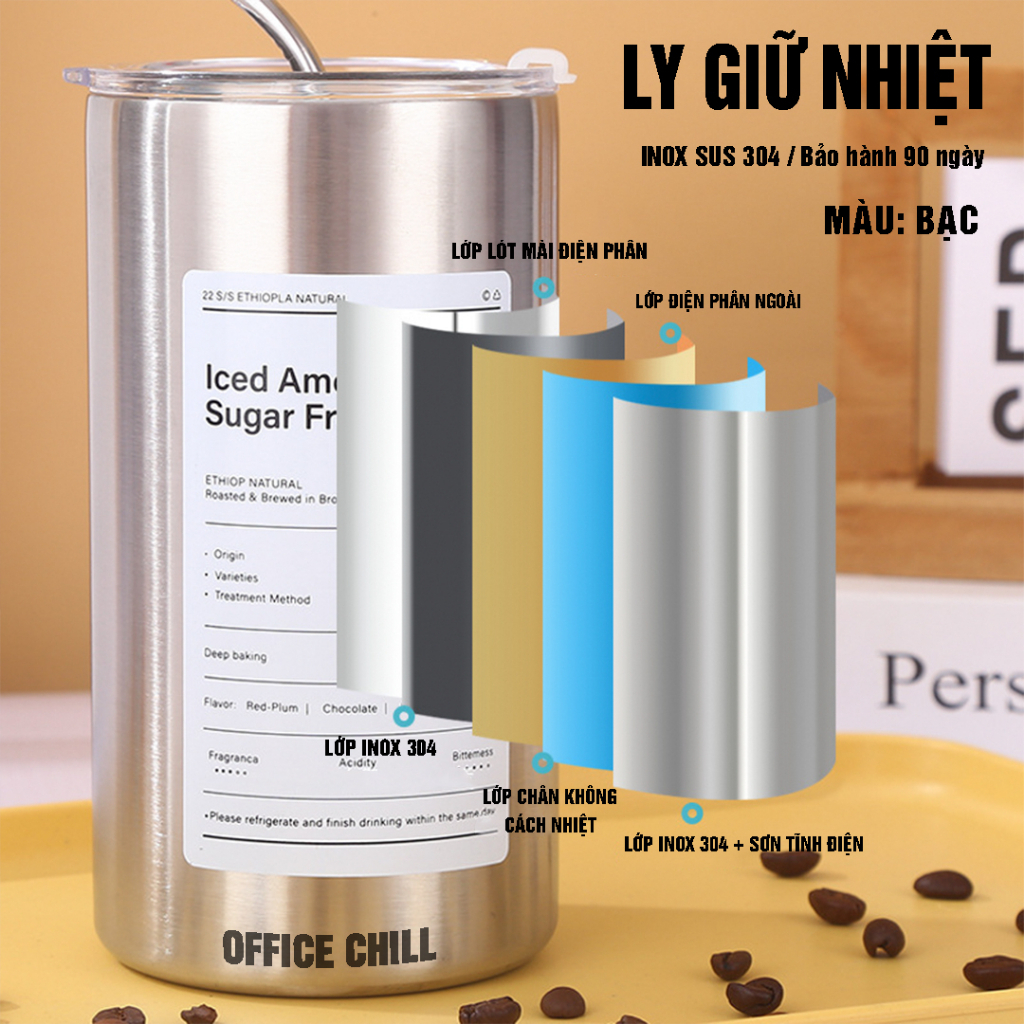 Bình đựng nước giữ nhiệt Iced Americano có ống hút dung tích 600ml, Ly cốc giữ nhiệt cute uống cà phê dùng văn phòng