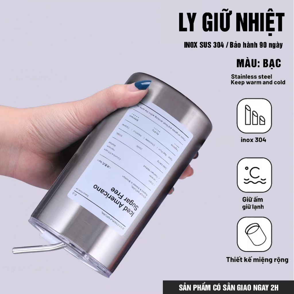 Bình đựng nước giữ nhiệt Iced Americano có ống hút dung tích 600ml, Ly cốc giữ nhiệt cute uống cà phê dùng văn phòng