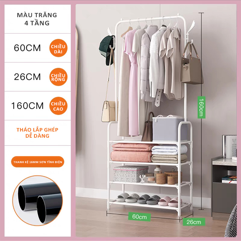 Kệ Treo Quần Áo Thông Minh Kết Hợp Giá Để Giày Dép 4 Tầng Hiện Đại- Kệ Treo Đồ Đa Năng Thích Hợp Mọi Không Gian