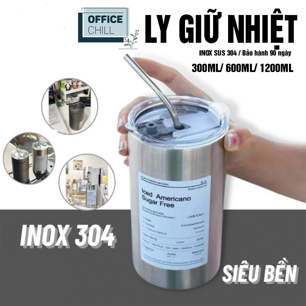 Bình đựng nước giữ nhiệt Iced Americano có ống hút dung tích 600ml, Ly cốc giữ nhiệt cute uống cà phê dùng văn phòng