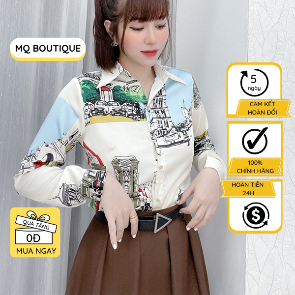 Áo sơ mi nữ lụa dài tay cao cấp công sở họa tiết nhà xe nền trắng sữa , áo sơ mi thiết kế MQ Boutique