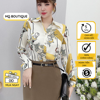 Áo sơ mi nữ lụa dài tay cao cấp công sở họa tiết hoa đá vệt vàng nền trắng sữa, áo sơ mi họa tiết thiết kế MQ Boutique