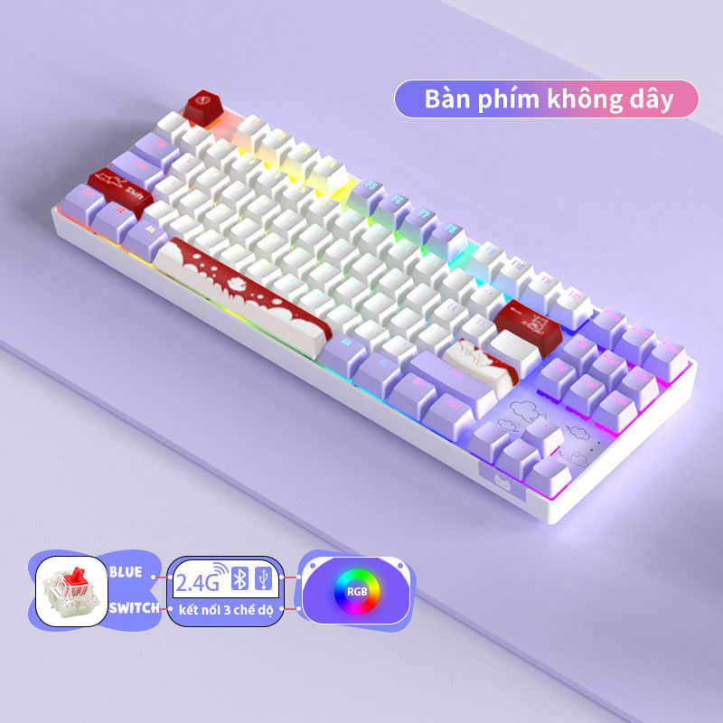 Bàn phím cơ gaming Không dây 2.4G/Bluetooth ONIKUMA Red switch 87 phím màu tím/xanh/hồng,có đèn RGB,cho máy tính/laptop
