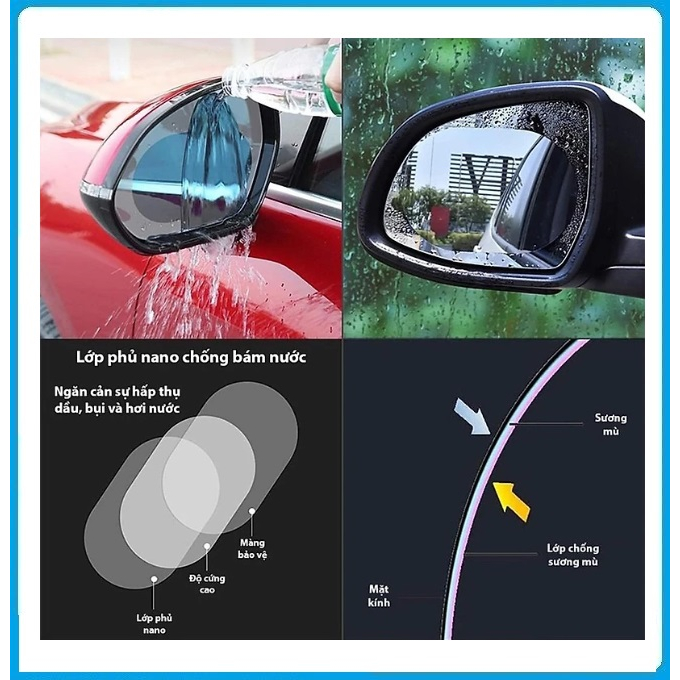 Miếng dán chống bám nước gương chiếu hậu ô tô. SET 4 Miếng Dán Gương Kính Ô tô Xe Máy phủ Nano Đi Mưa