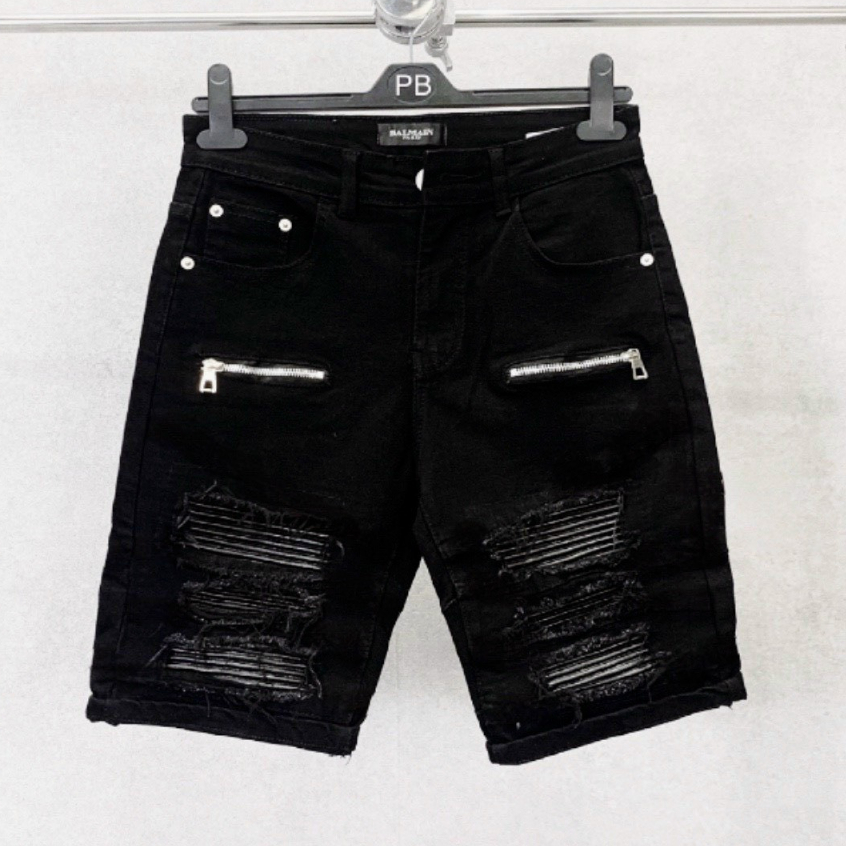 quần short jean nam ngắn đen rách vá phối khóa kéo lệch mẫu mới đẹp,chất jean co giãn tốt chuẩn form