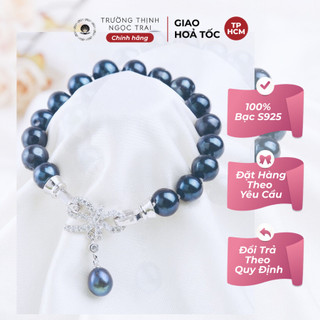 Vòng tay ngọc trai hạt 7-8ly màu đen ánh xanh khóa nơ - ngọc trai trường thịnh