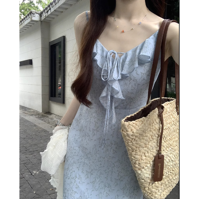 Váy Đuôi Cá Hai Dây Dáng Dài In Hoa Xanh Dương Đi Biển