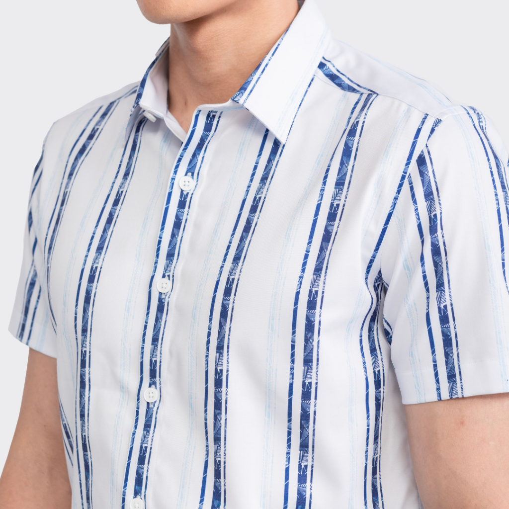 Áo sơ mi nam ngắn tay ARISTINO phom slim fit, họa tiết trắng in kẻ sọc xanh nổi bật, ấn tượng - ASS129S3