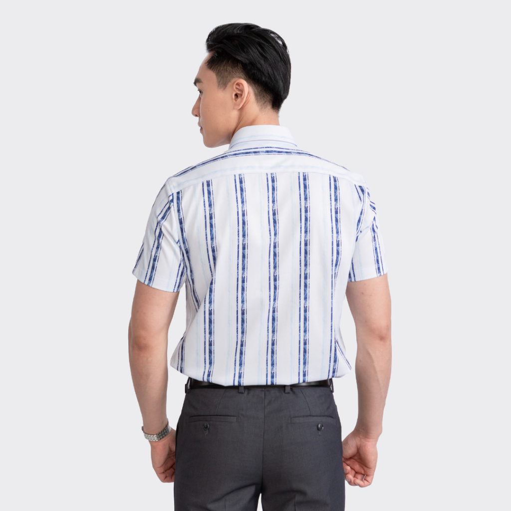 Áo sơ mi nam ngắn tay ARISTINO phom slim fit, họa tiết trắng in kẻ sọc xanh nổi bật, ấn tượng - ASS129S3