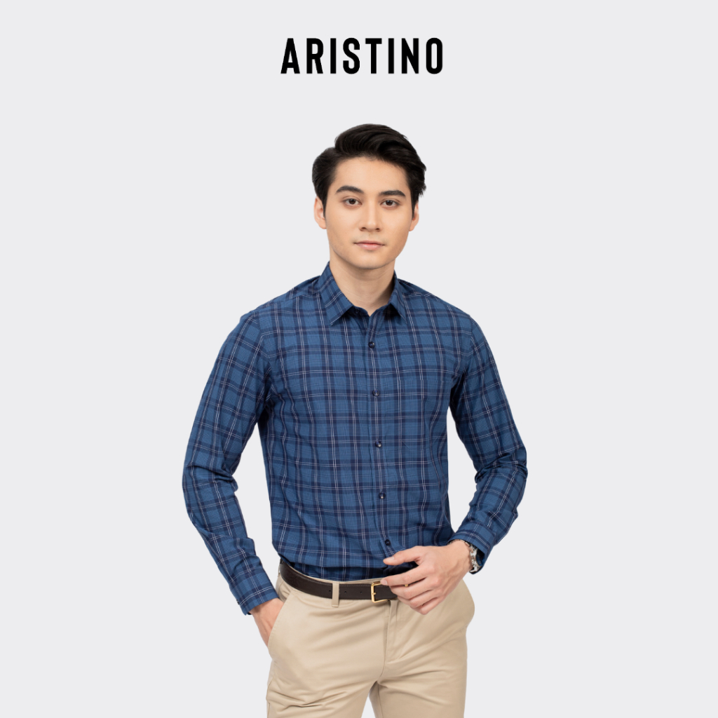 Áo sơ mi dài tay nam Aristino phom regular fit, thiết kế tà bằng, màu xanh tím than kẻ trắng - ALS42502