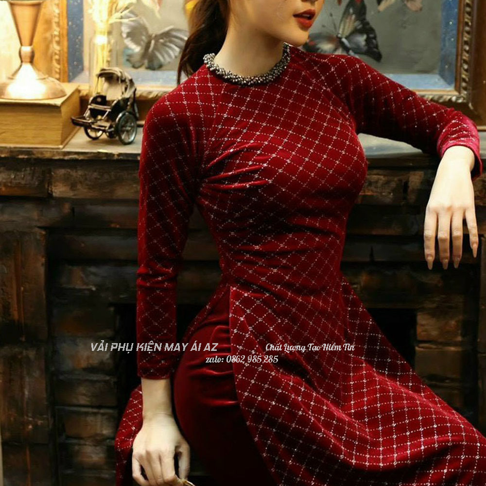 Vải Nhung Đính Đá Caro
