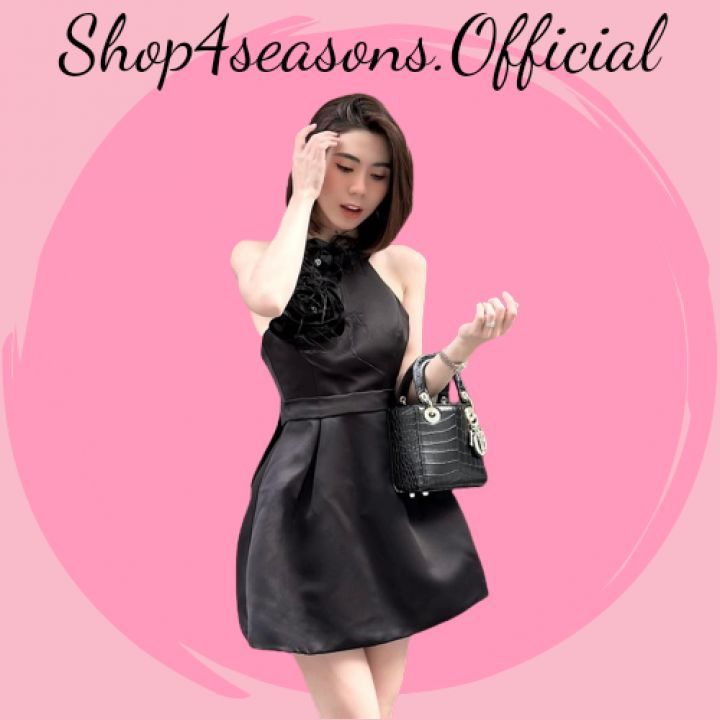 Váy đầm cổ yếm kết hoa 3D thắt nơ sau lưng chất Tafta cao cấp dáng xòe [Shop4seasonsOfficial]