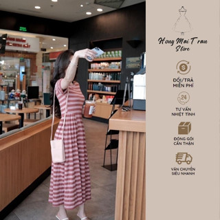  Váy conton kẻ hồng dáng suông chiết eo Hong Mai Tran 