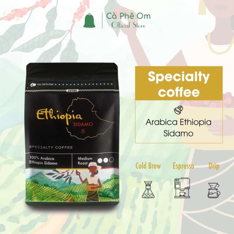 Cà phê Arabica ETHIOPIA Sidamo, Cà phê Specialty cao cấp pha Espresso pha Drip pha Coldrew gói 250g