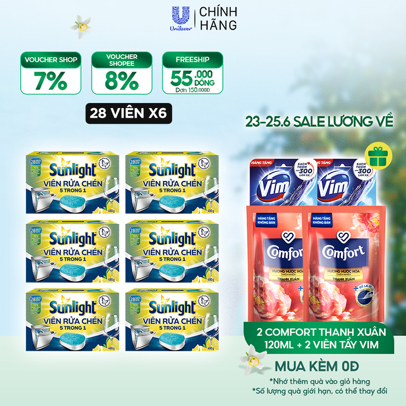 Combo 6 Hộp Viên Rửa Chén Bát Sunlight 5 in 1 Dành Cho Máy Rửa Chén (28 Viên/Hộp)