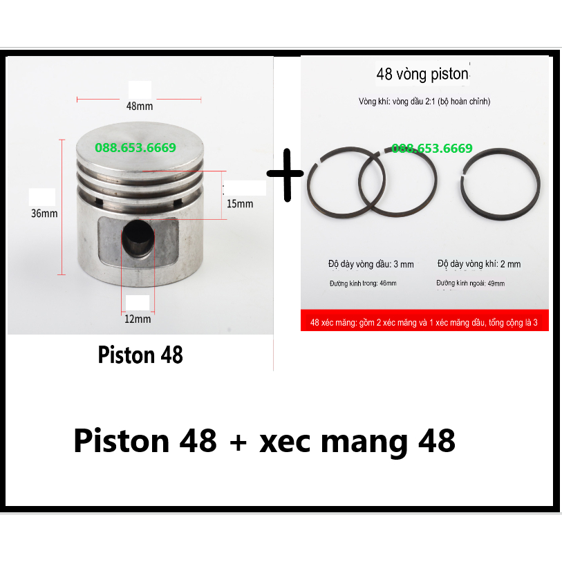 Bộ piston kèm bạc hơi 48 máy nén khí/ Pistong + Xéc măng máy nén khí 48