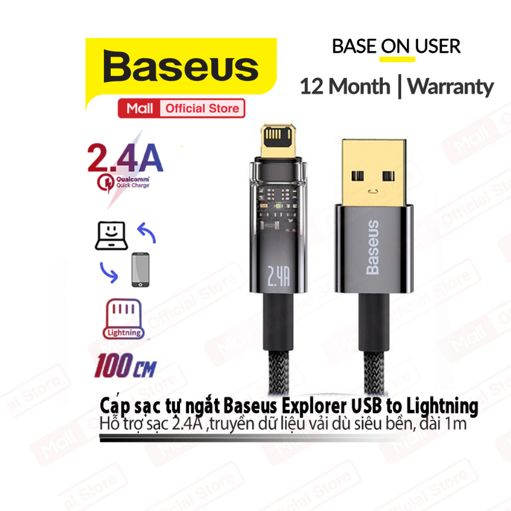 Cáp sạc tự ngắt 2.4A Baseus Explorer Series USB dùng cho IP10/11/12 vải dù siêu bền dài 1m/2m