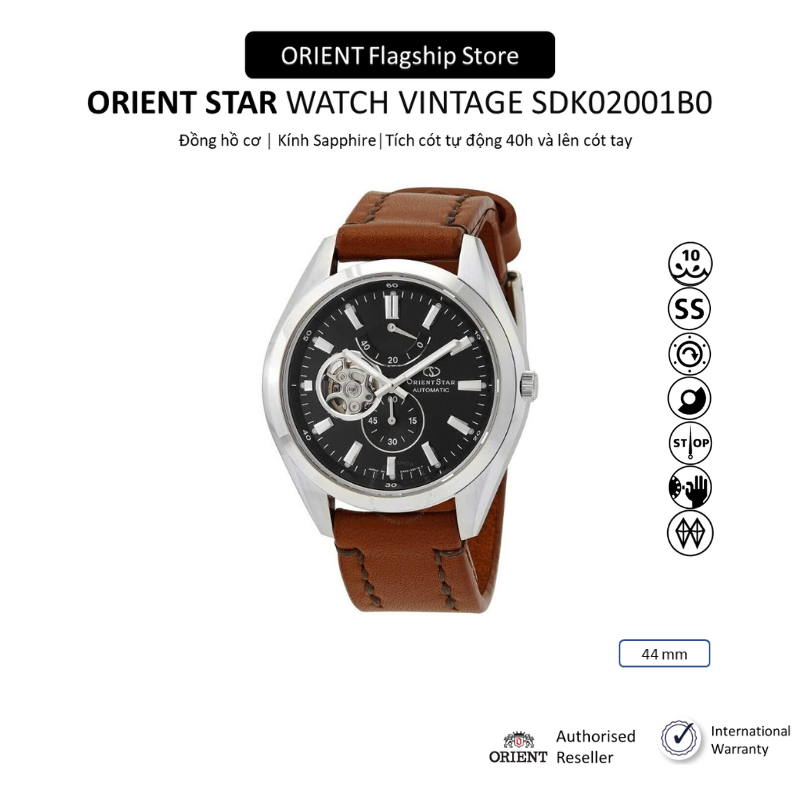 Đồng hồ cơ nam Orient Star Watch Vintage SDK02001B0 mặt lộ cơ, kính Sapphire chống xước, dây da đeo tay cao cấp