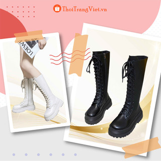 Bốt chiên binh cổ lửng buộc dây mũi tròn, giày bốt martin đế cao 4p phong cách cá tính thời trang