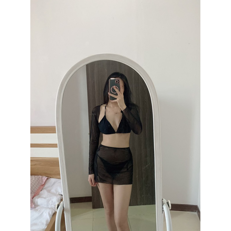 Bộ Bikini Kèm Áo Khoác Và Chân Váy Lưới Màu Đen, Set Bikini 4 Mảnh Buộc Dây Sexy Gợi Cảm Mặc Đi Bơi Đi Biển