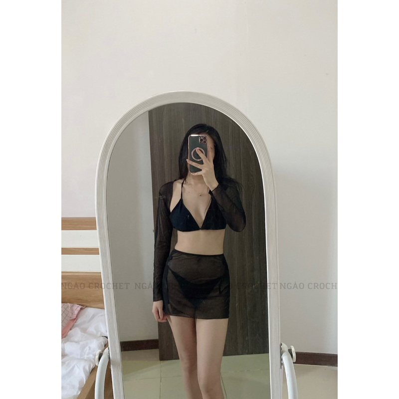 Bộ Bikini Kèm Áo Khoác Và Chân Váy Lưới Màu Đen, Set Bikini 4 Mảnh Buộc Dây Sexy Gợi Cảm Mặc Đi Bơi Đi Biển