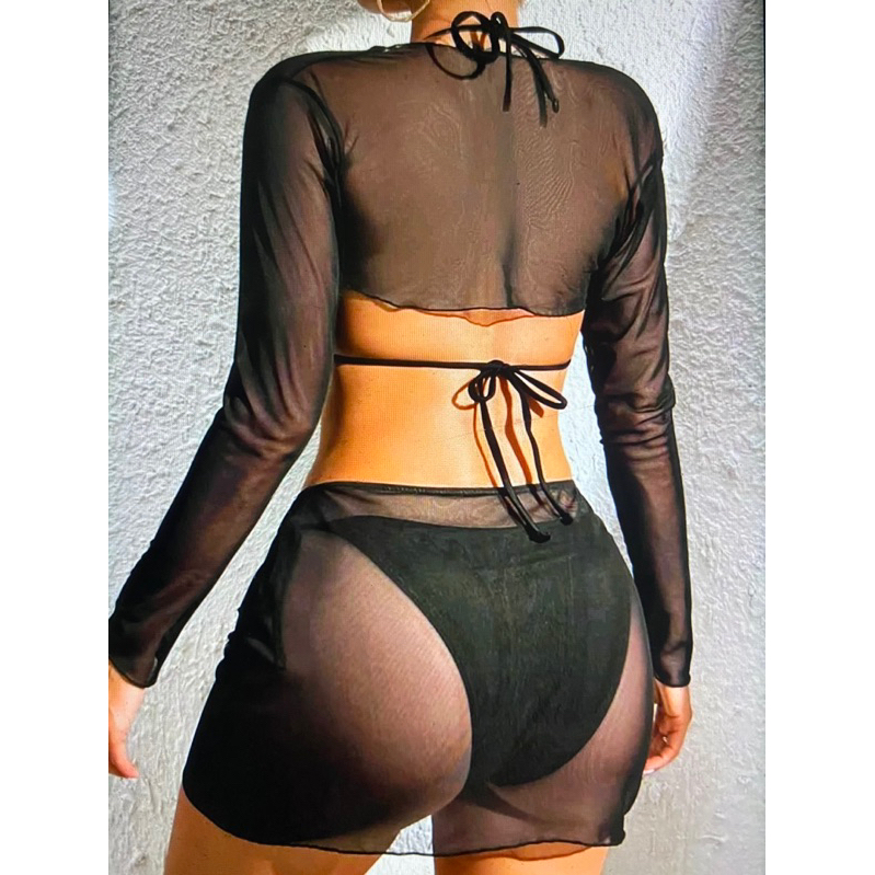 Bộ Bikini Kèm Áo Khoác Và Chân Váy Lưới Màu Đen, Set Bikini 4 Mảnh Buộc Dây Sexy Gợi Cảm Mặc Đi Bơi Đi Biển