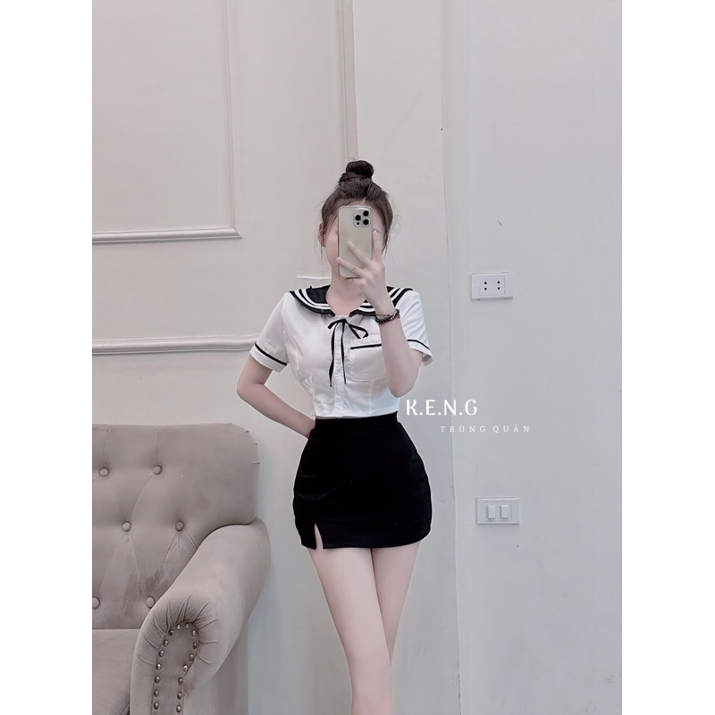 Set áo sơ mi cổ thuỷ thủ mix chân váy siêu xinh dễ thương