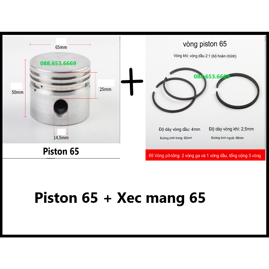 Bộ piston kèm bạc hơi 65 máy nén khí/ Pistong + Xéc măng máy nén khí 65