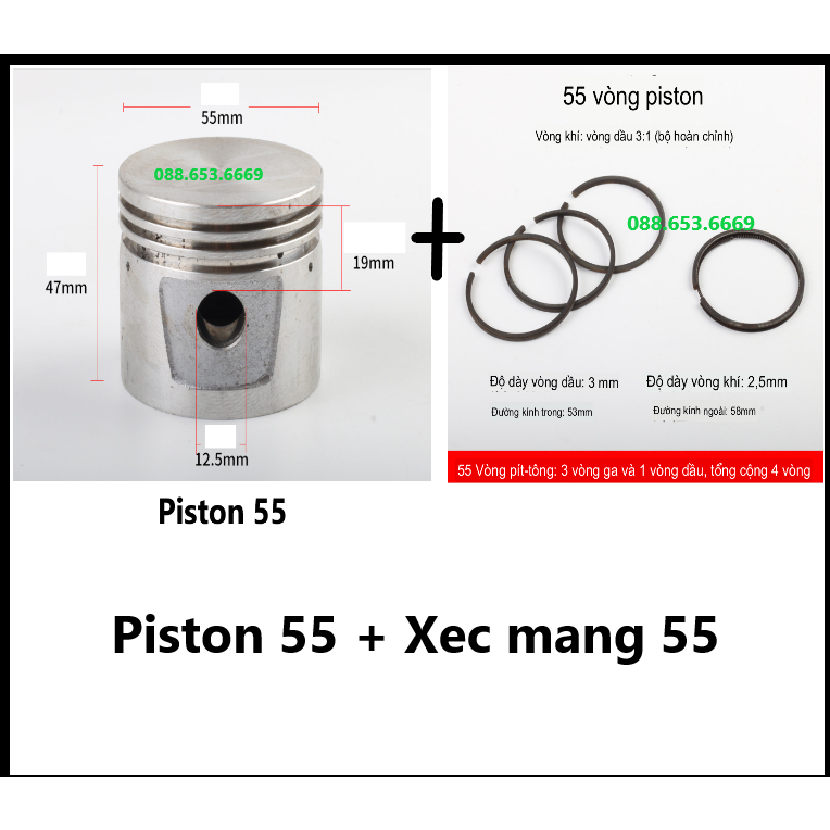 Bộ piston kèm bạc hơi 51 máy nén khí/ Pistong + Xéc măng máy nén khí 51