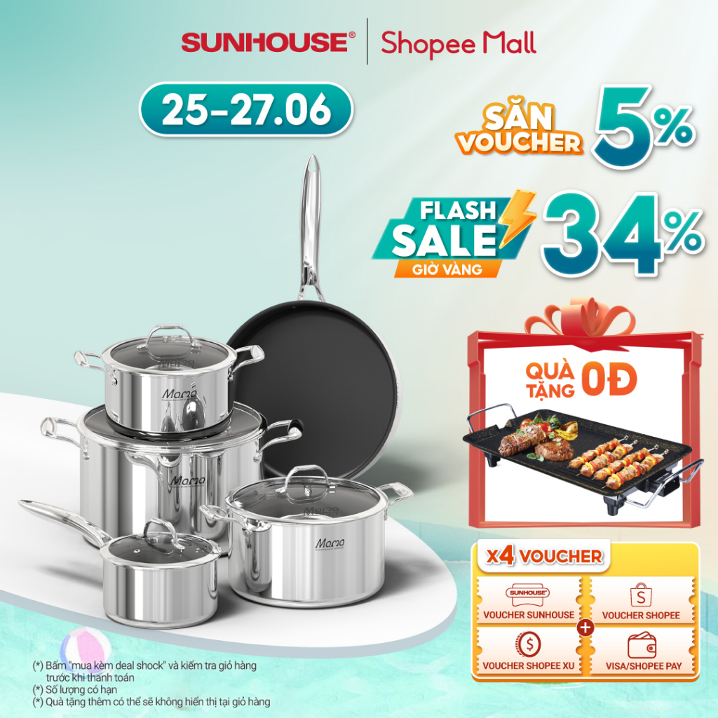 Bộ nồi chảo inox đa lớp SUNHOUSE SHG700