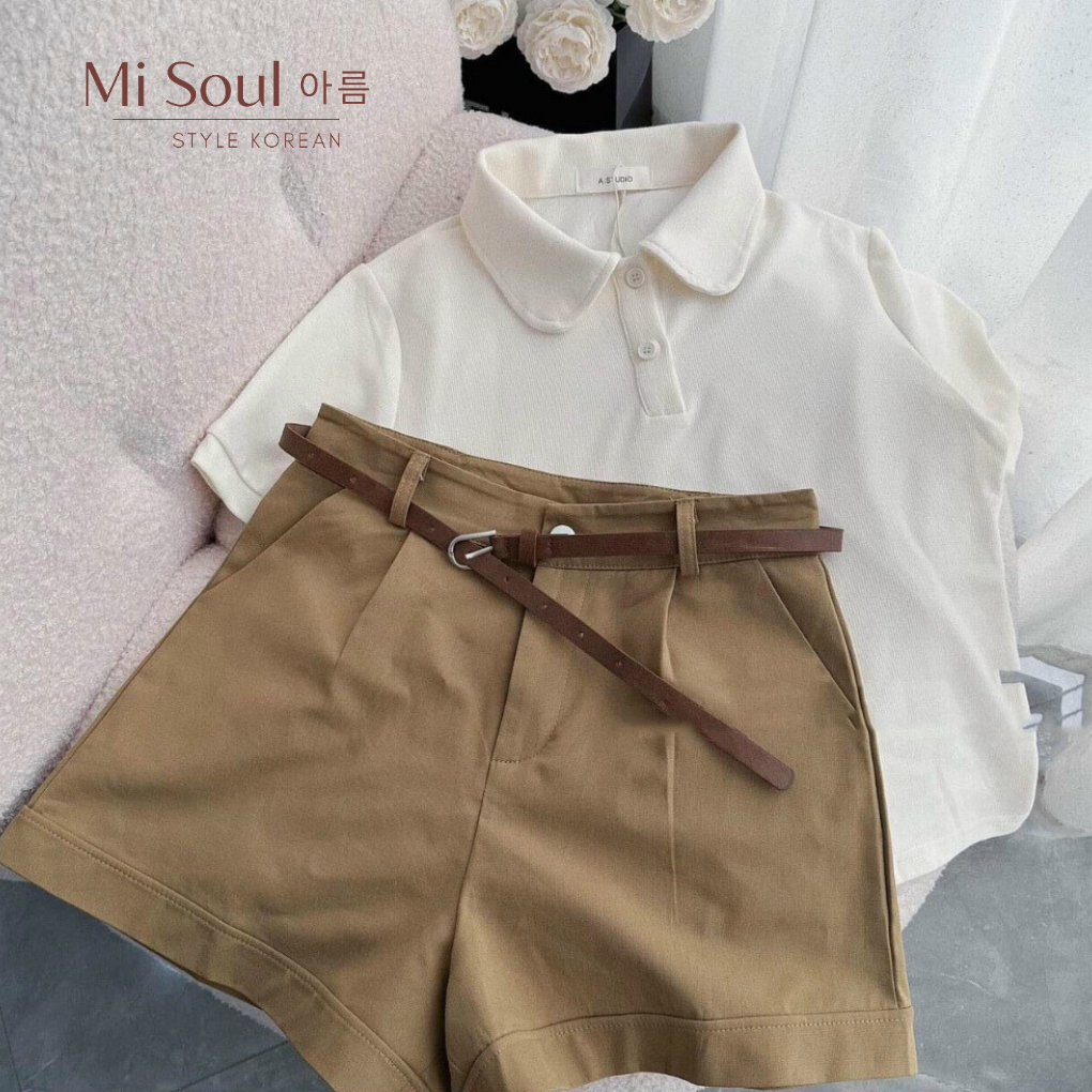 Set Bigsize Áo Polo Mix Quần Sooc Kèm Đai Misoul, Set Áo Tăm Quần Kaki Kèm Belt BigSize 195