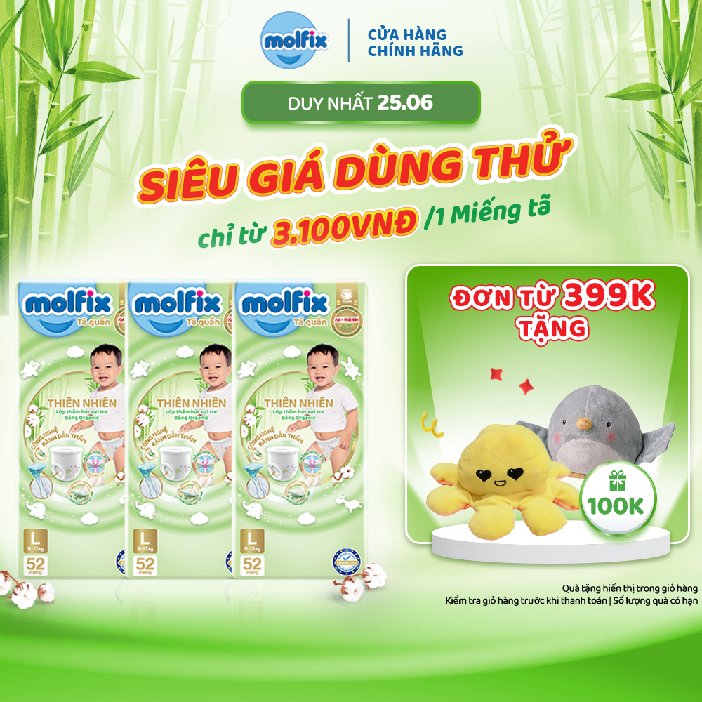 Combo 3 Tã/bỉm quần Molfix Thiên nhiên Super Jumbo M70/L62/XL56/XXL52
