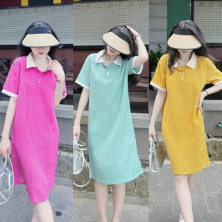 Váy suông cổ sơ mi phối trắng đũi gân, đầm suông dáng dài xinh xỉu
