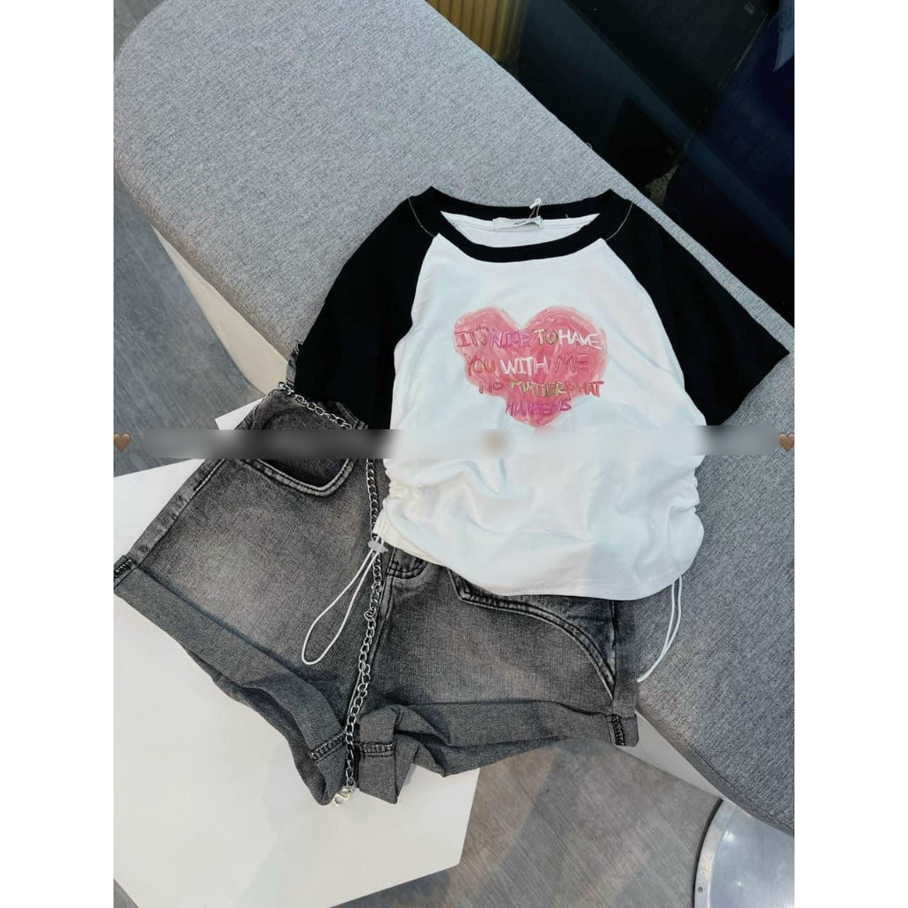 [ BIGSIZE ] Áo Thun Cotton Trái Tim Rút Eo Phối Màu Xinh