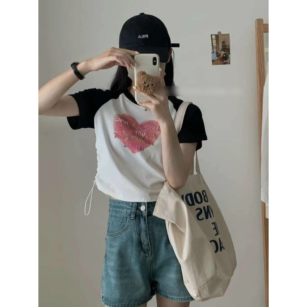 [ BIGSIZE ] Áo Thun Cotton Trái Tim Rút Eo Phối Màu Xinh