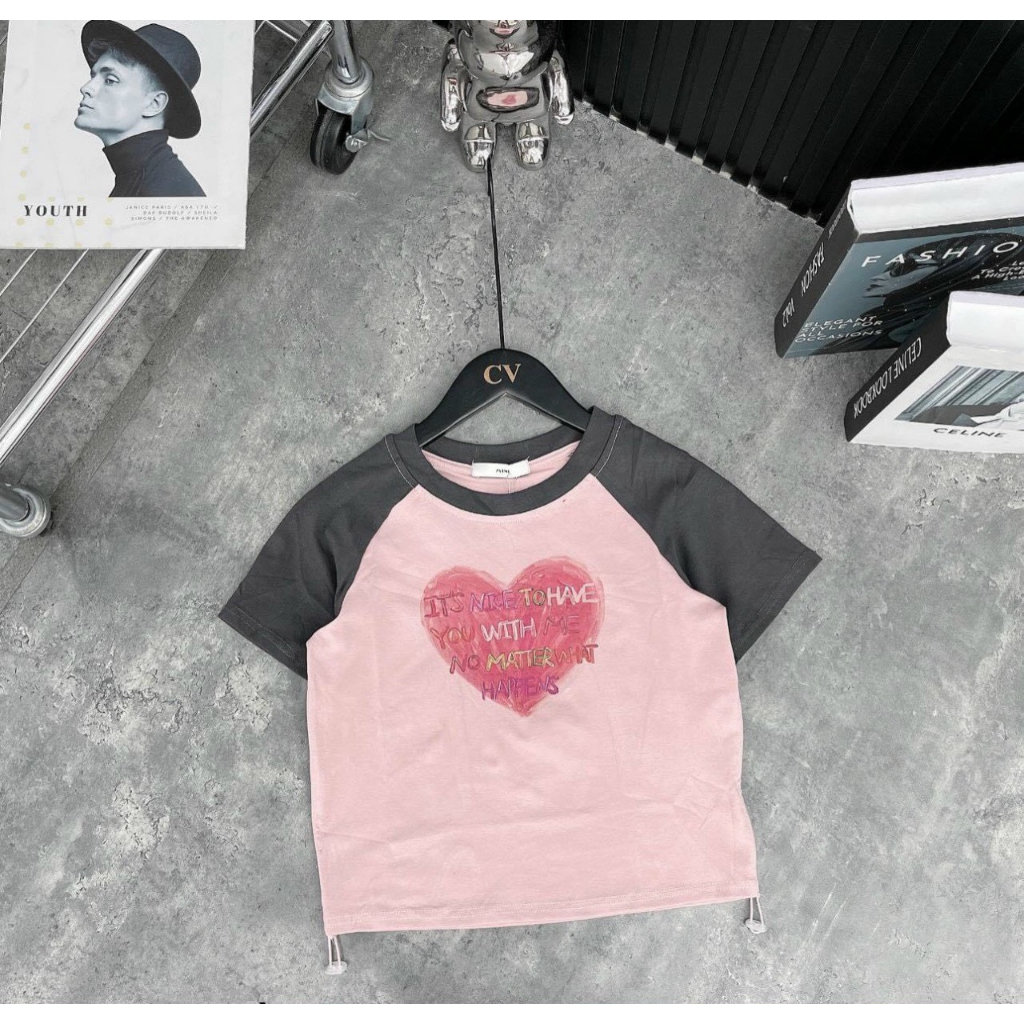 [ BIGSIZE ] Áo Thun Cotton Trái Tim Rút Eo Phối Màu Xinh
