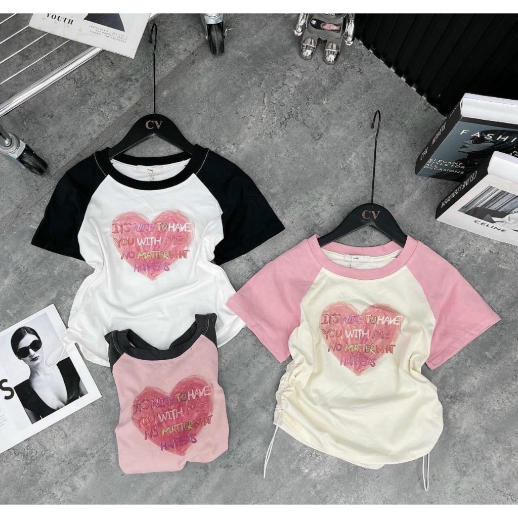 [ BIGSIZE ] Áo Thun Cotton Trái Tim Rút Eo Phối Màu Xinh
