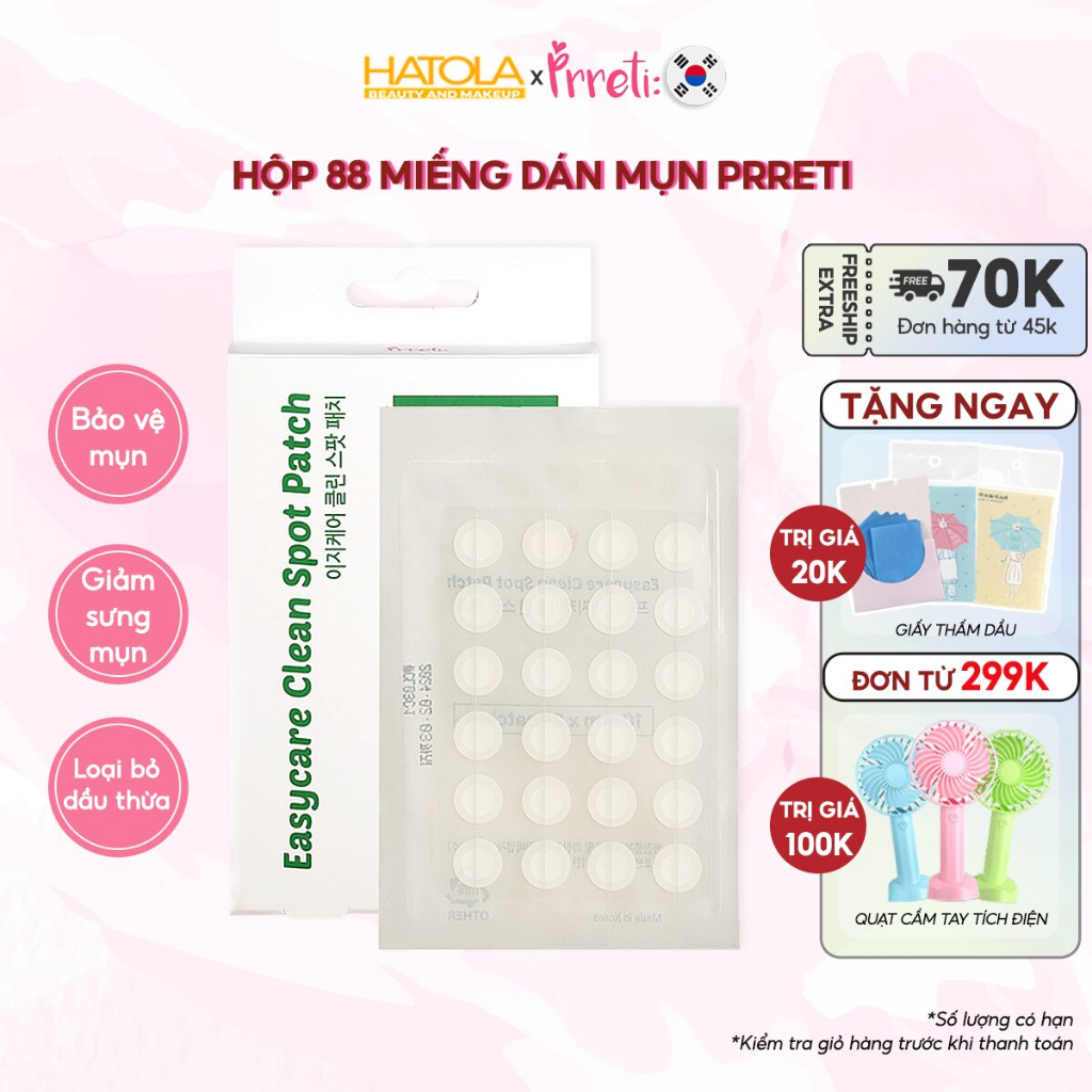 Miếng dán mụn Hàn Quốc Prreti mỏng nhẹ giảm sưng mụn tái tạo da tự nhiên tiện dụng 88 miếng Hatola