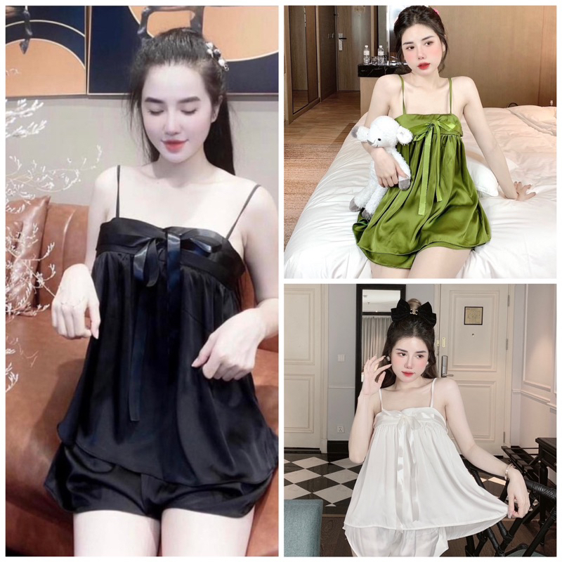 Đồ bộ nữ quần đùi,  đồ ngủ lụa họa tiết, lụa latin mềm mịn