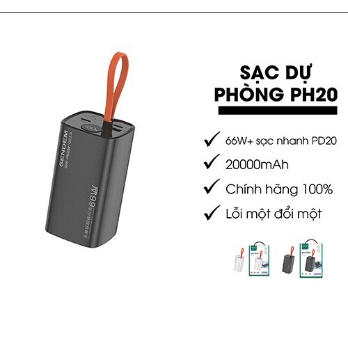 Sạc Dự Phòng chính hãng Sendem PH20 20000mAh tích hợp sẵn cáp sạc có màn hình báo pin