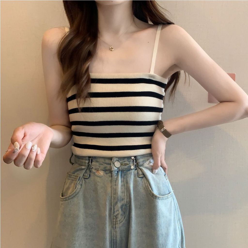 Áo hai dây nữ kẻ sọc ngang len tăm siêu xinh dáng ôm sát nách hàng dệt kim Quảng Châu năng động trẻ trung