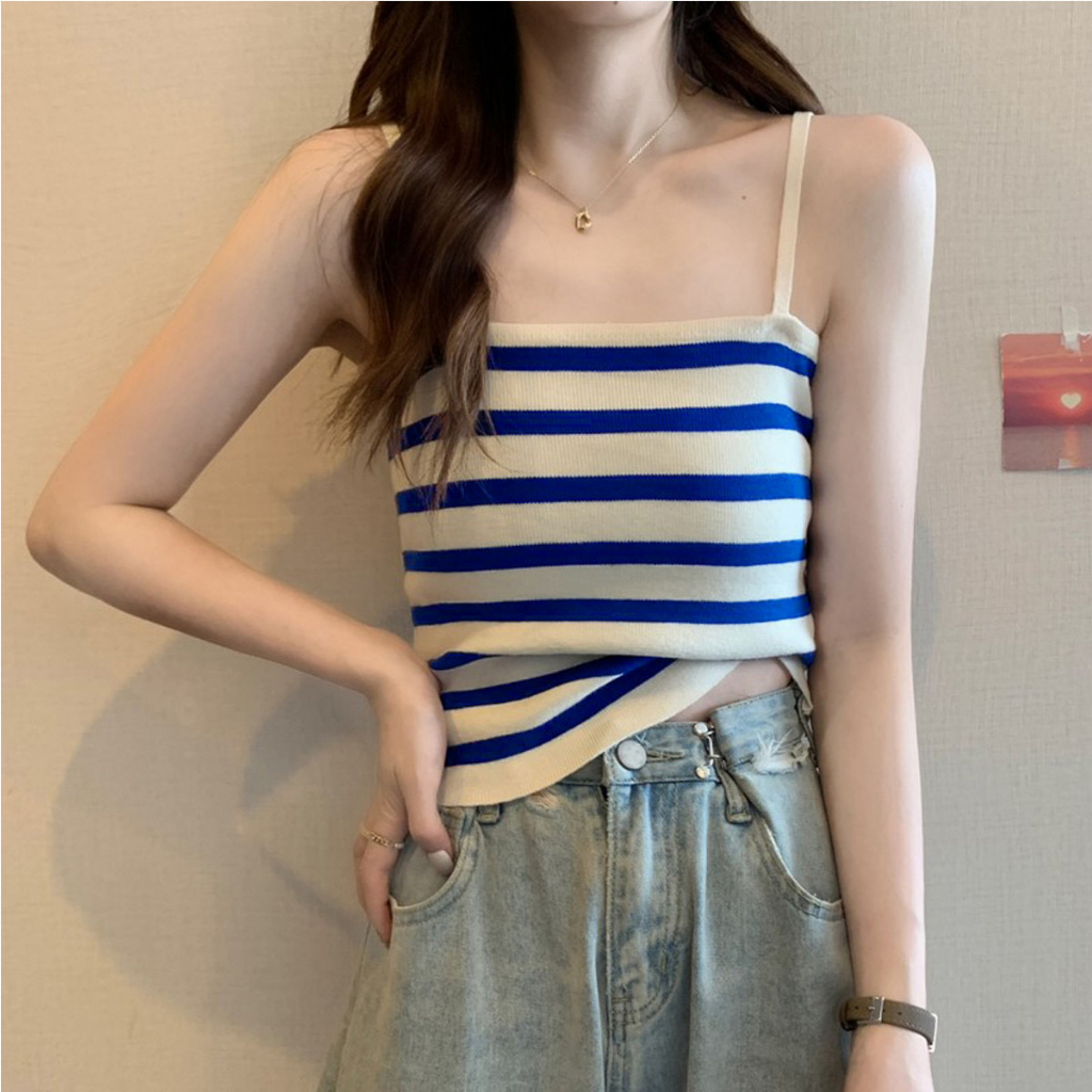 Áo hai dây nữ kẻ sọc ngang len tăm siêu xinh dáng ôm sát nách hàng dệt kim Quảng Châu năng động trẻ trung