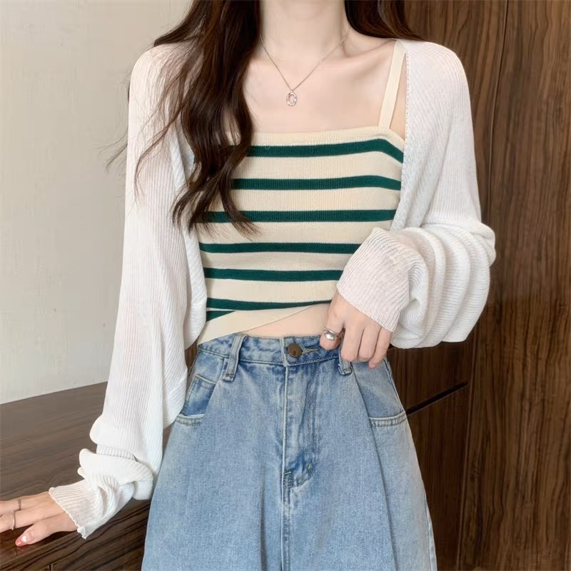 Áo hai dây nữ kẻ sọc ngang len tăm siêu xinh dáng ôm sát nách hàng dệt kim Quảng Châu năng động trẻ trung