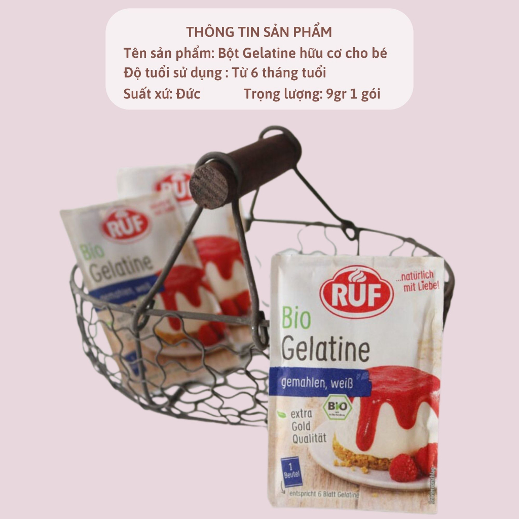 Bột Gelatine hữu cơ Ruf 9g dùng trong chế biến món ăn làm bánh cho bé ăn dặm